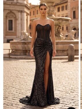 Black Strapless Sequin Evening Gown with Corset Bodice